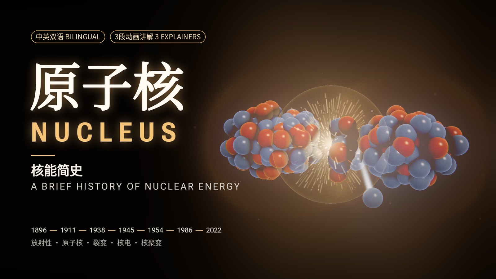 《原子核》封面：正在裂变的铀原子核与中英双语标题