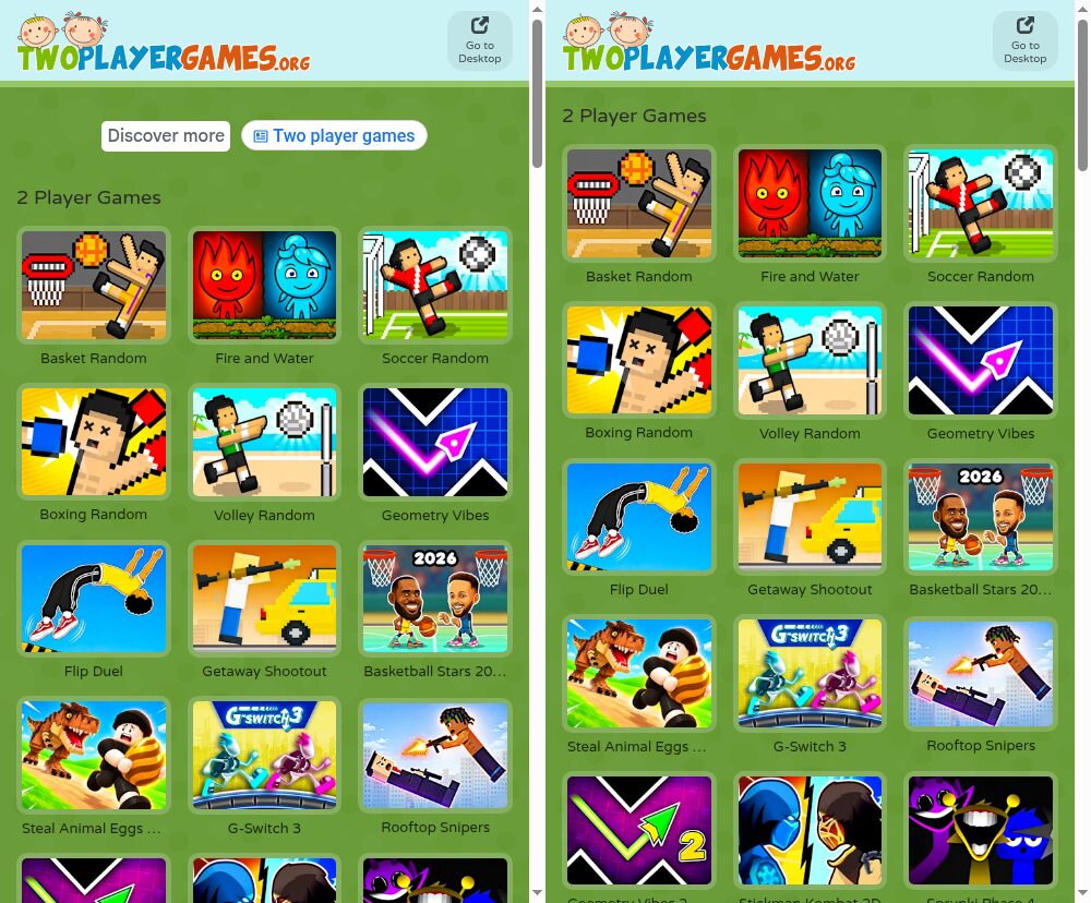 首页对比：横幅和写着“Discover more”“Two player games”的广告单元不见了，游戏列表从更靠上的位置开始